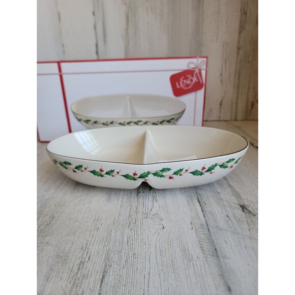 Lenox NEW white winter greetings divided oval bowl mistletoe Xmas kitchen - Picture 1 of 9
